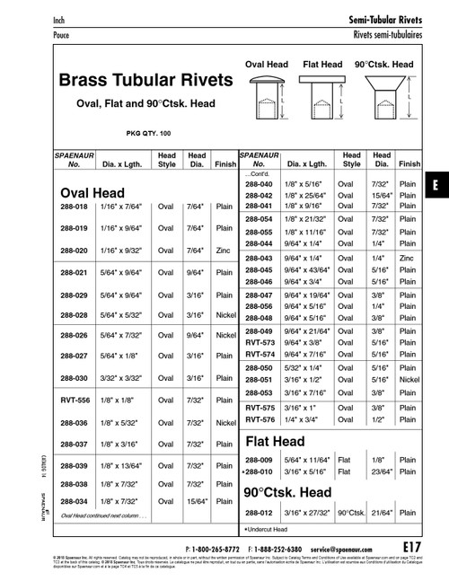 Semi-Tubular Brass Rivet Oval Head 9/64" Dia X 3/8" L X 5/16" Head Dia Brass Plain RVT-573